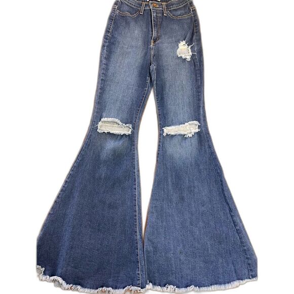 Vibrant MIU Dark Blue Denim Extreme Flare High Rise Jeans 29 USA Made Boho Y2K - Picture 9 of 9